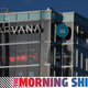 A photo of a Carvana building with The Morning Shift graphic along the bottom.